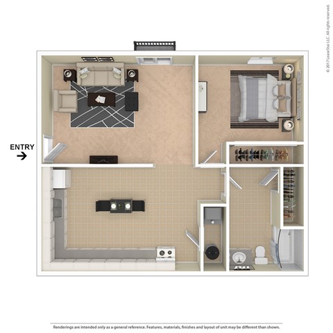Floor plan for 1 bed, 1 bath, 500 sqft